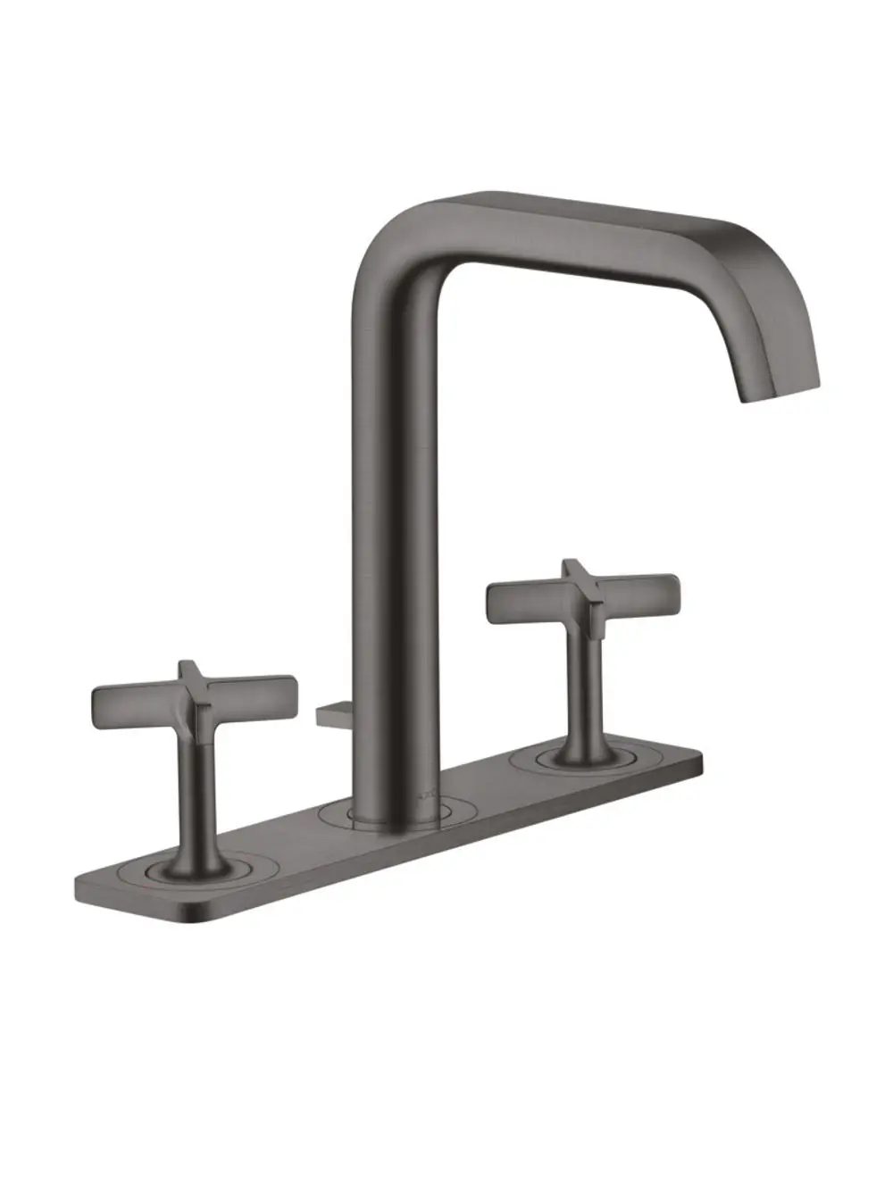 Waschtischarmatur in Brushed Black Chrome von AXOR mit drei Löchern und zwei Bedienelementen auf einer Platte. Dezentraler Auslauf.